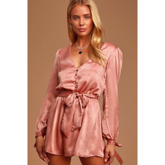 Lulus Pants - Lulu's Moments of Love Rose Pink Satin Button-Up Romper **No Belt** | Size Small